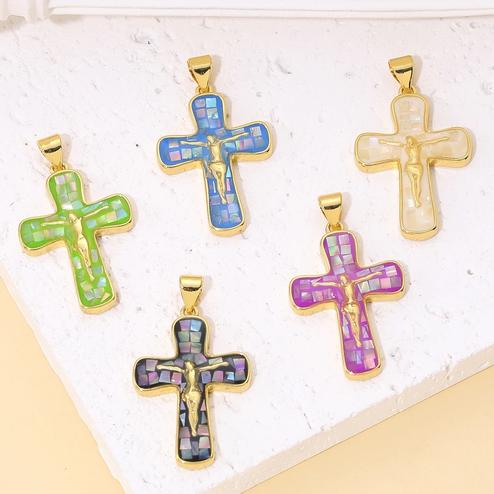 Juya DIY Religious Catholic Rosary Jewelry Making Handmade 18K Real Gold Plated Opal Shell Christian Cross Charms Supplies