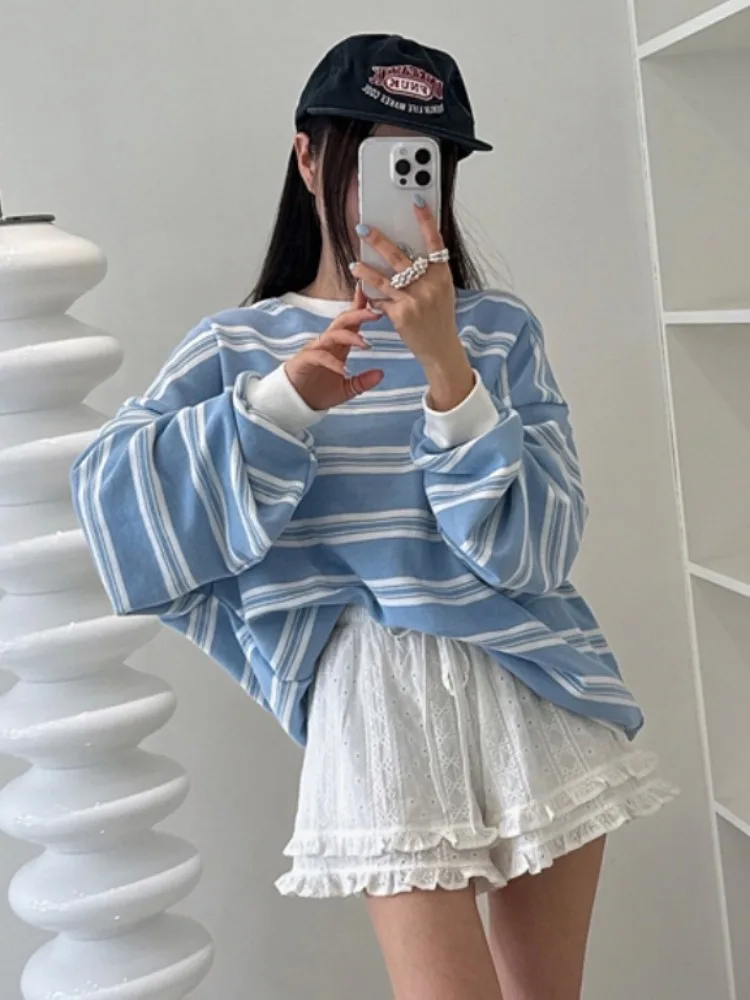 

Женский свитер в стиле ретро, с цветными полосками, длинный рукав, свободный крой, универсальный, для ранней весны