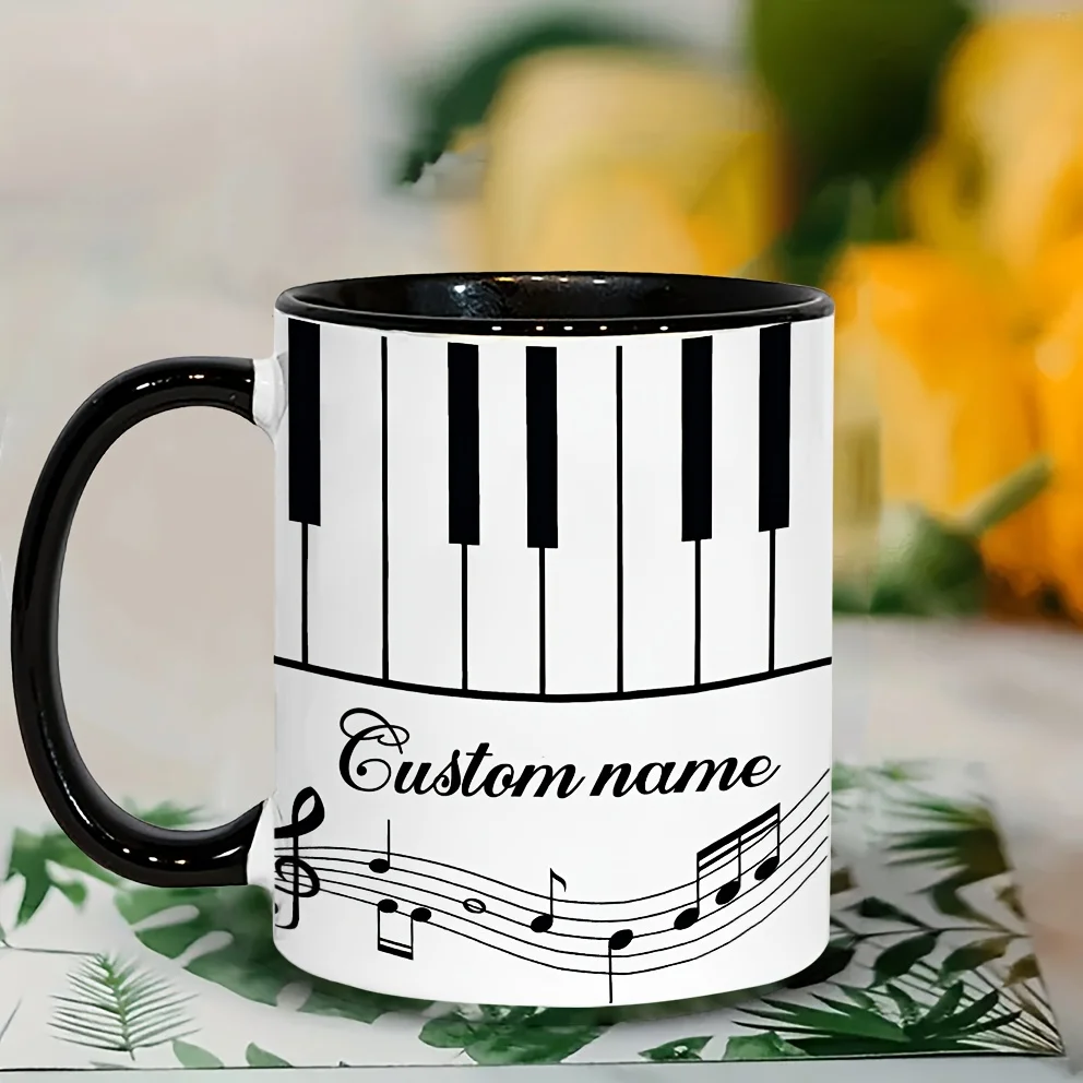1 11 Oz Custom Name Music Coffee Mug, Ceramic Piano Keyboard Design, With Music Notes - Personalized Gift for Tea or Coffee Love