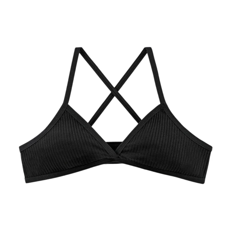 Sujetador sin aros con tirantes entrecruzados Sujetadores sin forro con cuello en V algodón acanalado para pecho pequeño