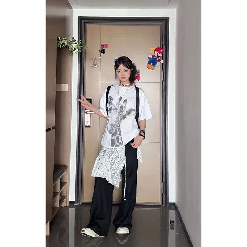 Lace Trim Apron over Skirt Layering Women's Style Korean High Waist A-Line  Skirt White Lace Curtain Casual Summer Fashion