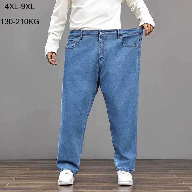 

9XL Jumbo Size Jeans Men 210KG High Waist Spring Loose Stretched Plus Elastic 8XL 6XL Straight Black Denim Pants Male Trousers