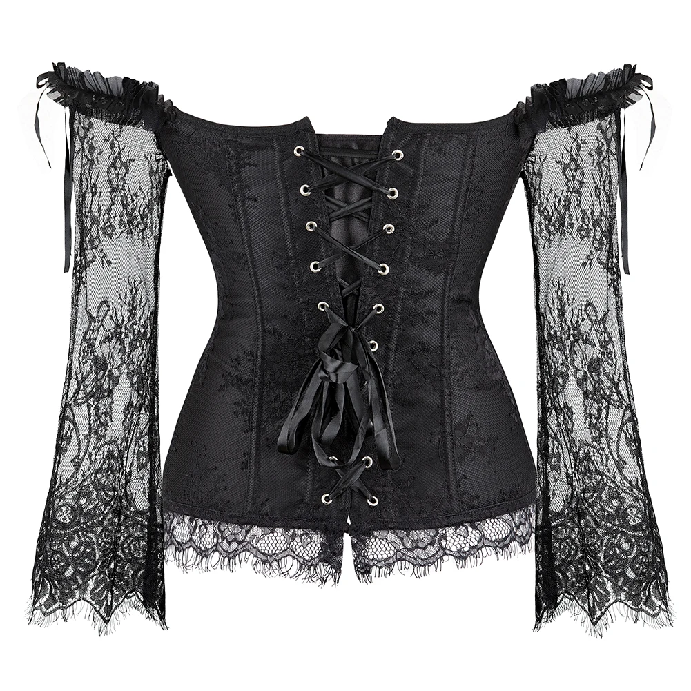 Lace Long Sleeves Waist Bustier Top Gothic Victorian Overbust Corset Vintage Basques Off Shoulder Corselet