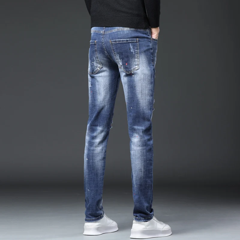 Men's distressed jeans men's new 2024 spring and autumn casual pants patch and slim fit denim skinny jeans men