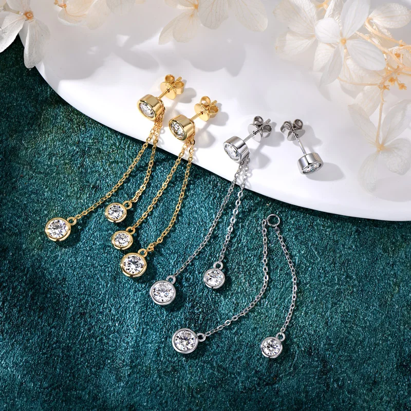 

Anziw All Moissanite Drop Earrings Detachable Double Chain Hanging Stud Earring Silver 925 for Women Party Wedding Daily Jewelry