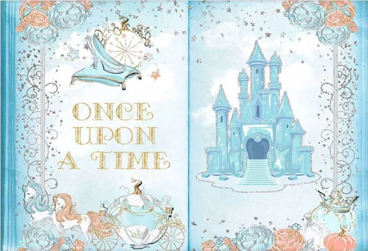 Disney Castle Birthday Backdrop Girls Cinderella Blue and Silver Photography Background Princess Carriage Cake Table Banners