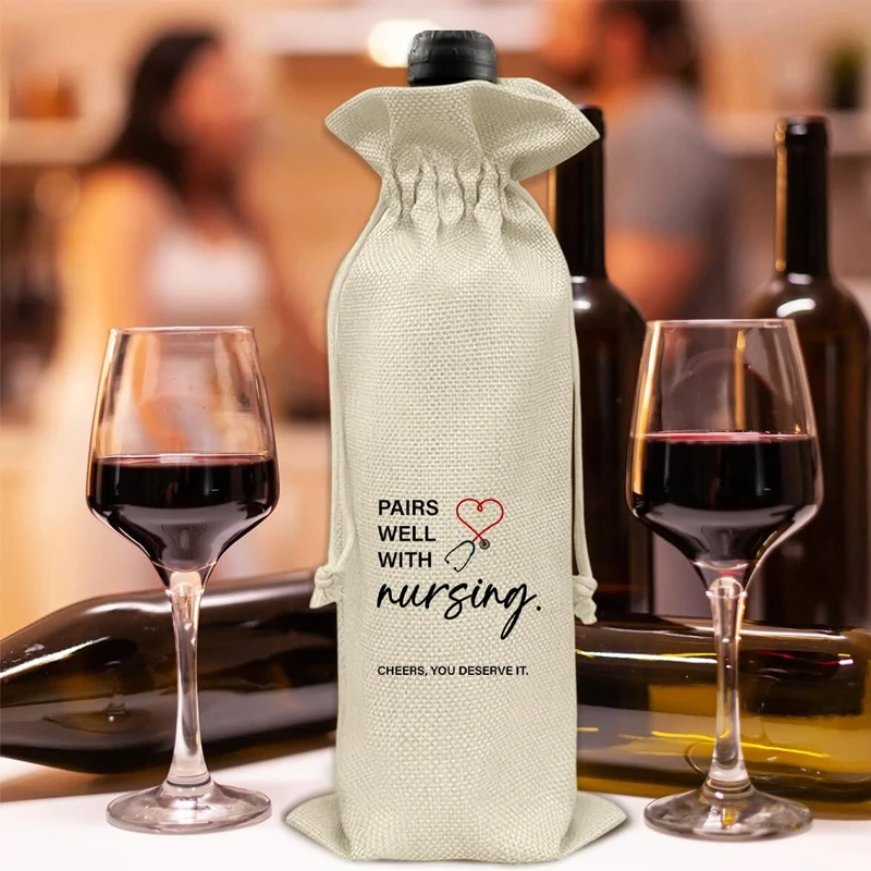 

Pairs Well with Nursing Linen Wine Bags Nurses Appreciation Gifts for Nurse Student School Graduation Party Table Decorations