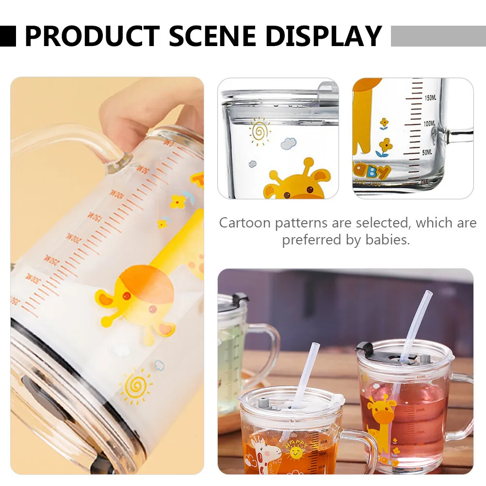 2Sets Kids Straw Milk Cup with Accurate Measurement Scale Microwave Oven Safe Easy Clean Glass Material for Breakfast Water