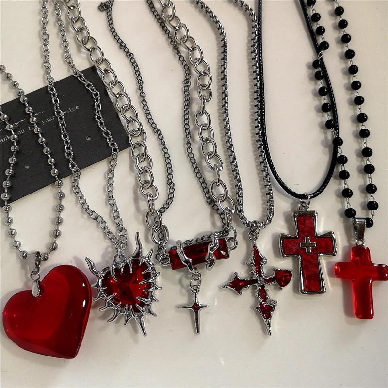 Gothic Red Heart Thorns Cross Chains Necklace For Women Men Hip-Hop Personality Trendy Charm Grunge Punk Jewelry Y2k Accessories