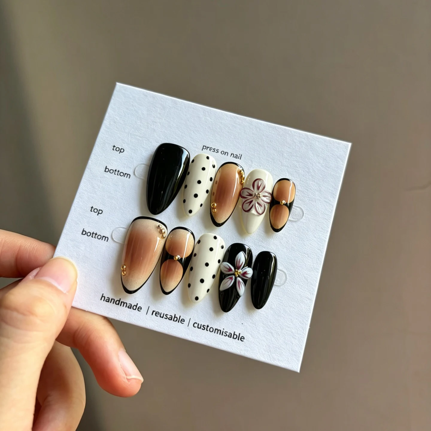 10Pcs Brown Leopard Print Design 3D Handwork Flowers Fake Nails Polka Dots Cherry French Luxury Press on Nails Party Reusable