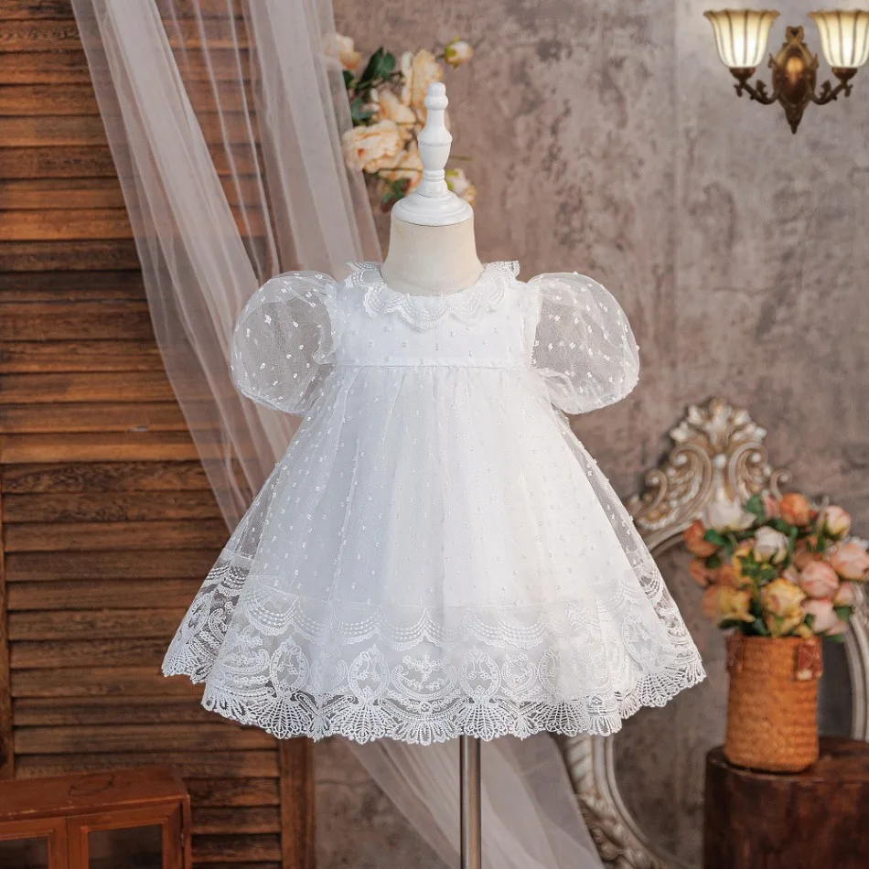 Newborn White Dot Tulle Dress Ruffle Lace Short Sleeve Scalloped Lace Hem A-Line Mini Tutu Skirt Baby Baptism Gown Dresses ASQ03