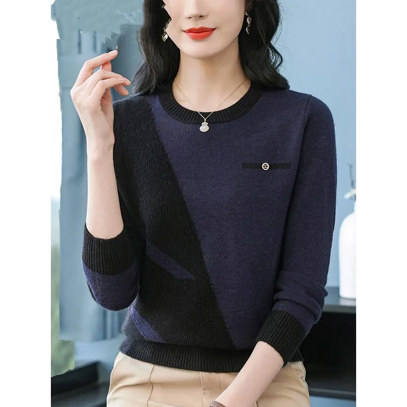 Women's Clothing Vintage Fashion Knit Wool Pullovers Autumn Winter New Elegant Chic Patchwork O-neck Sweaters Lady All-match Top