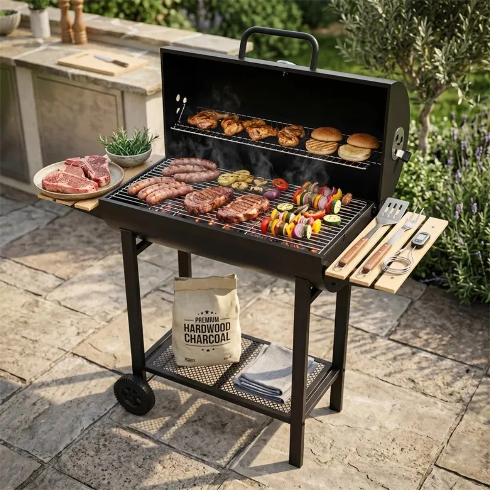 Electric Rotary Grill Multifunctional BBQ Machine Outdoor Charcoal Griller Double Side Wooden Table American Barbecue for