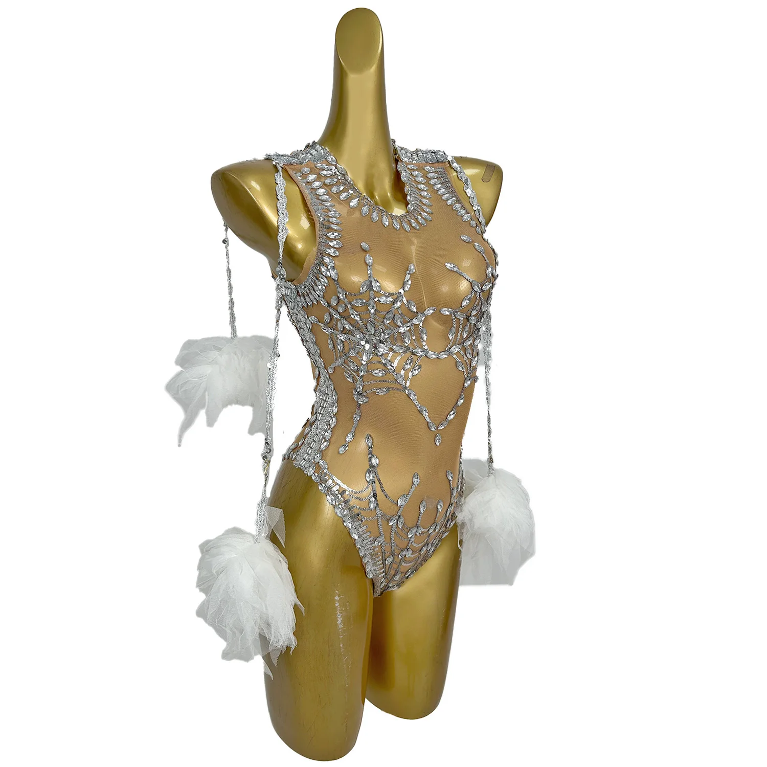 Sparkly Rhinestone See Through Mesh Bodysuit Nightclub Party Festival Celebrate Dance Stage Performance Wear Sexy Women Catsuit