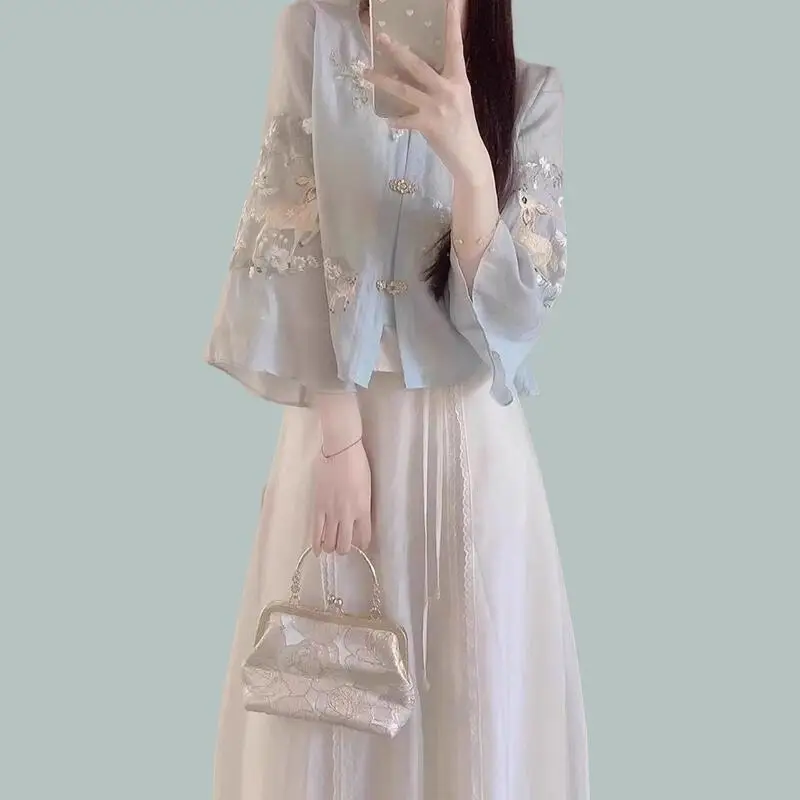 Summer New Women Clothing New Chinese Style Fashion Chinese Style Set Elegant Temperament Tops Half Body Long Skirt Two Pieceset image 4