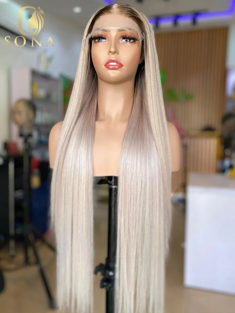 

32 34 Inch 13x4 13x6 HD Transparent Lace Front Wig Ash Blonde Dark Root Brazilian Hair Straight Grey White Human Hair Wigs 613