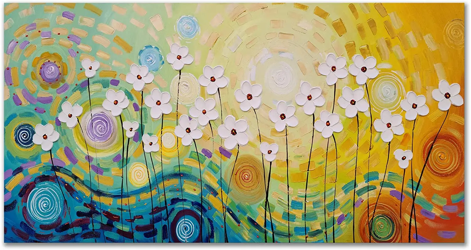 

White Flower Canvas Wall Art Hand Painted Oil Painting Modern Pictures for Living Room Bedroom Dinning Room Decor No Frame