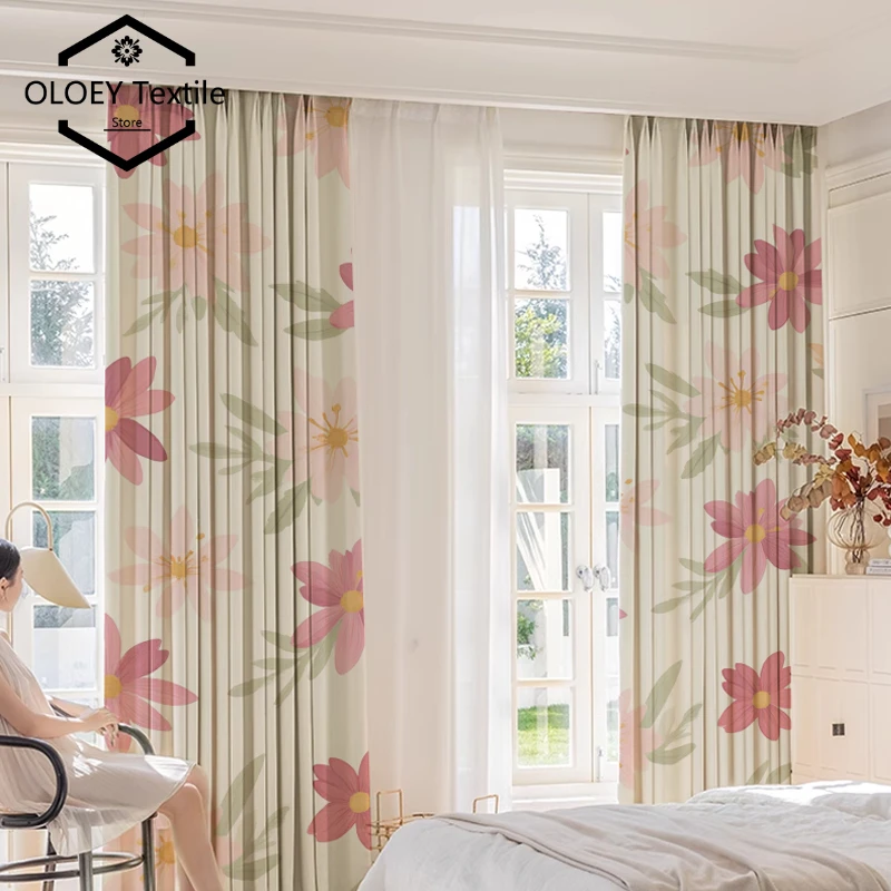 

Pastel Pink Floral Curtains - Watercolor Blossom Digital Print Blackout Drapes for Serene Bedroom Decor Window Screen Tulle