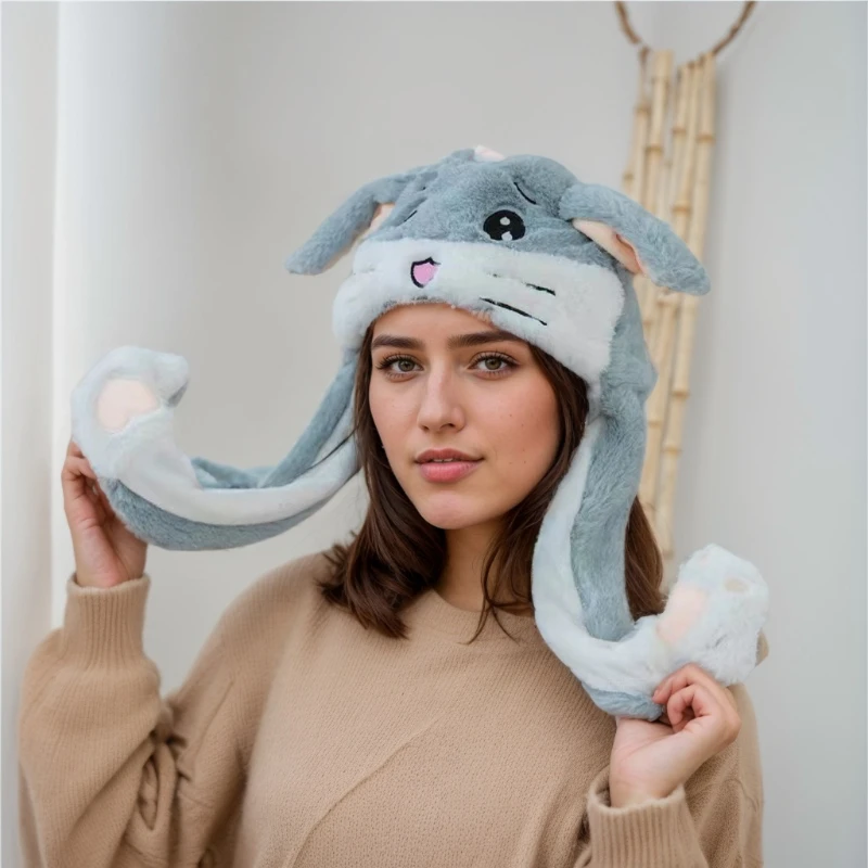 Animals Rabbit Hat with Moving Ears Plush Soft Women Girls Funny Cap Winter Unicorn Panda Pig LED Glowing Hat with Bunny Ears
