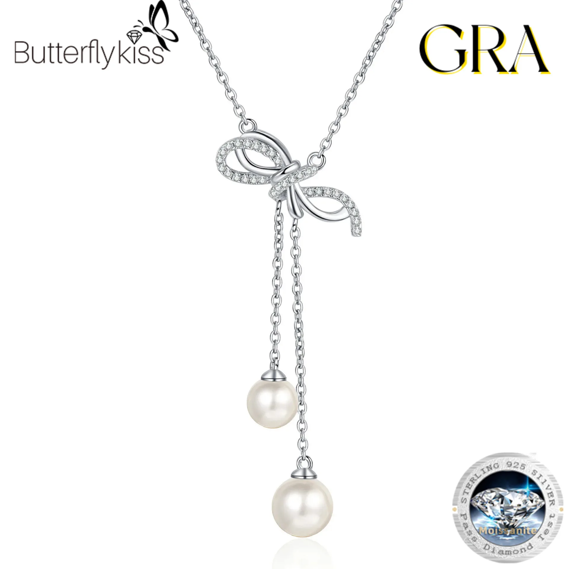 

Butterflykiss 925 Sterling Silver Necklace Chain 6-8mm Natural Freshwater Pearl Moissanite Tassel Pendant Jewelry for Women Gift