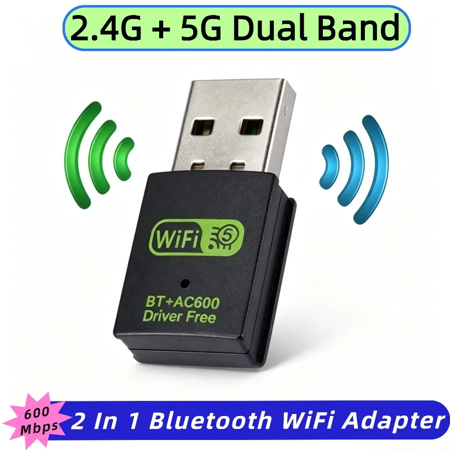 Wireless Bluetooth 5.0 WiFi Adapter AC600Mbps High-Speed 2.4G/5GHz Dual Band External Network Receiver USB WiFi Dongle for PC
