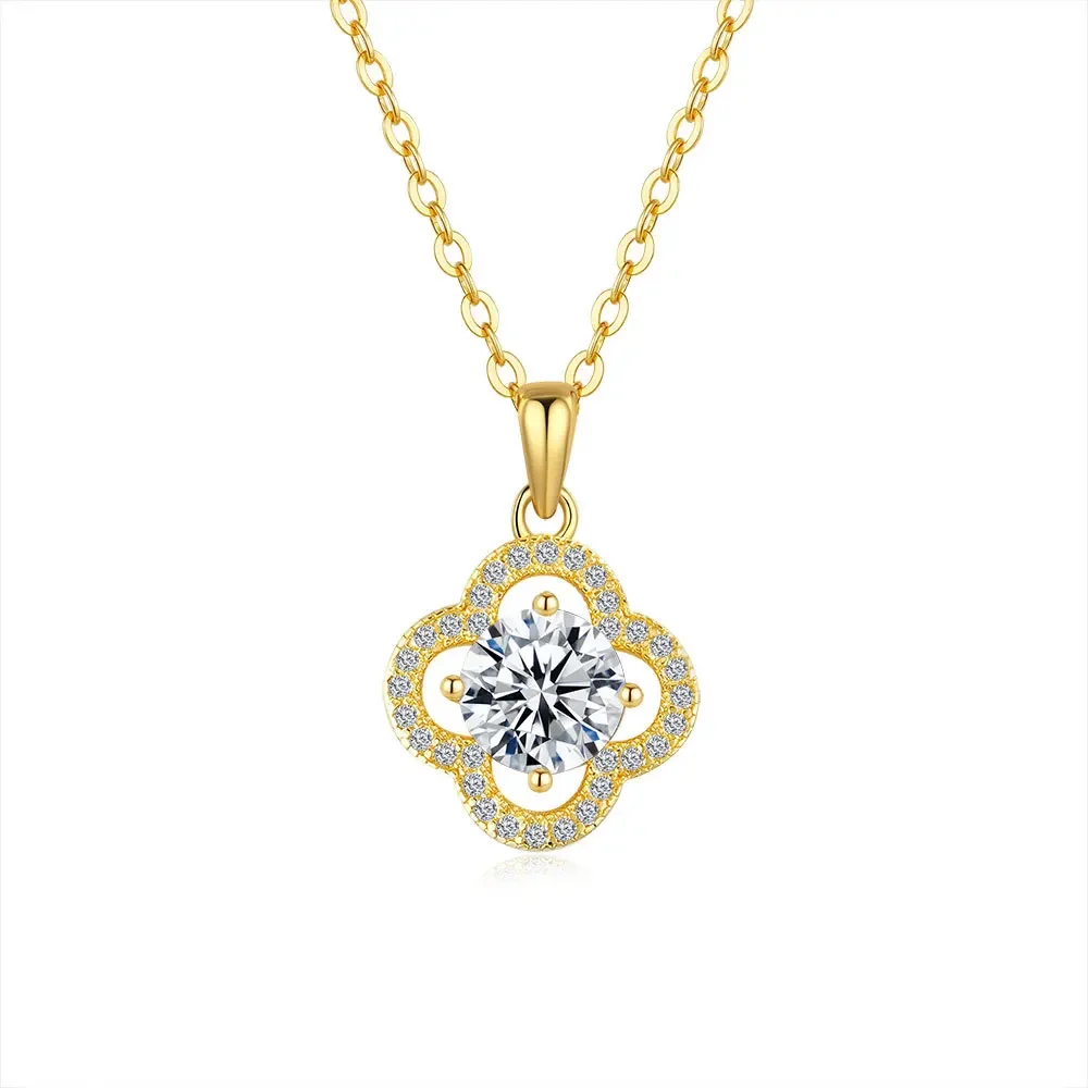 

Luxury 100% Real 18k Gold Women's Clover Diamond Pendant Clavicle Chain Moissanite Necklace