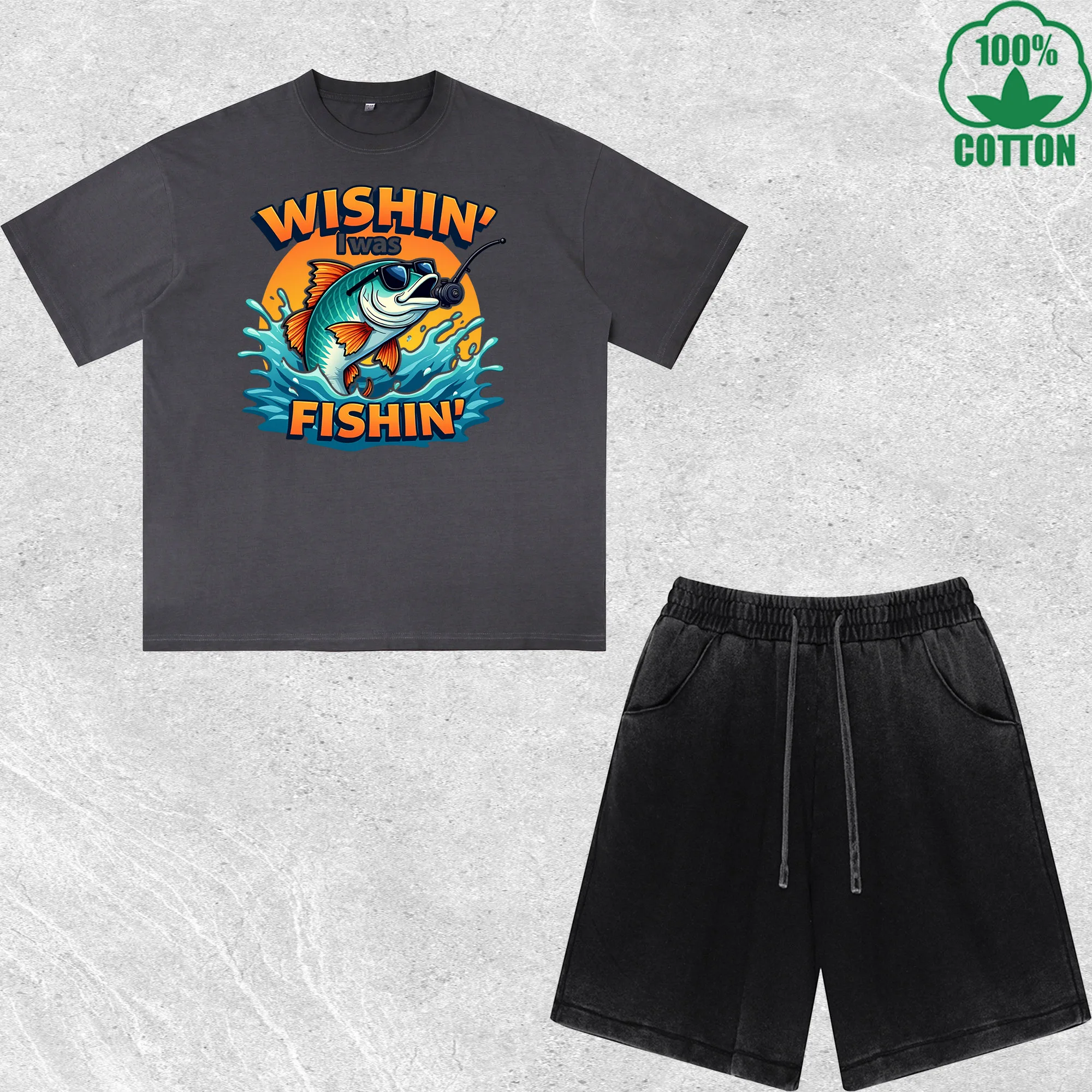 

I Was Fishing Printed Dirty Wash T-Shirt Shorts Set Multicolor Combo Loose Trendy Fashionable 100%Cotton