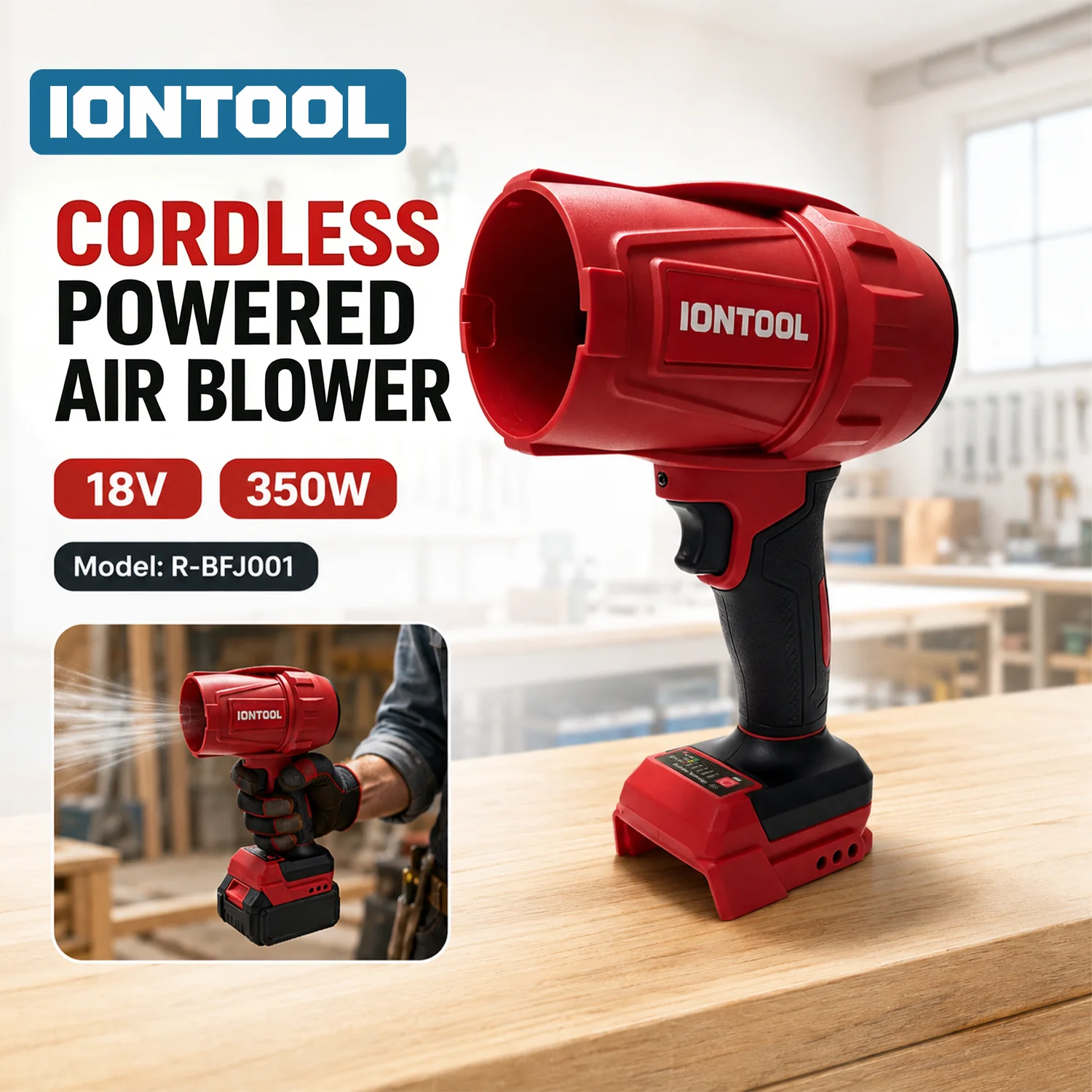 IONTOOL Handheld Red Cordless Blower 350W For Driveway Dust Blowing Sidewalk Leaf Sweeping Patio Dirt Clear Maintenance Work