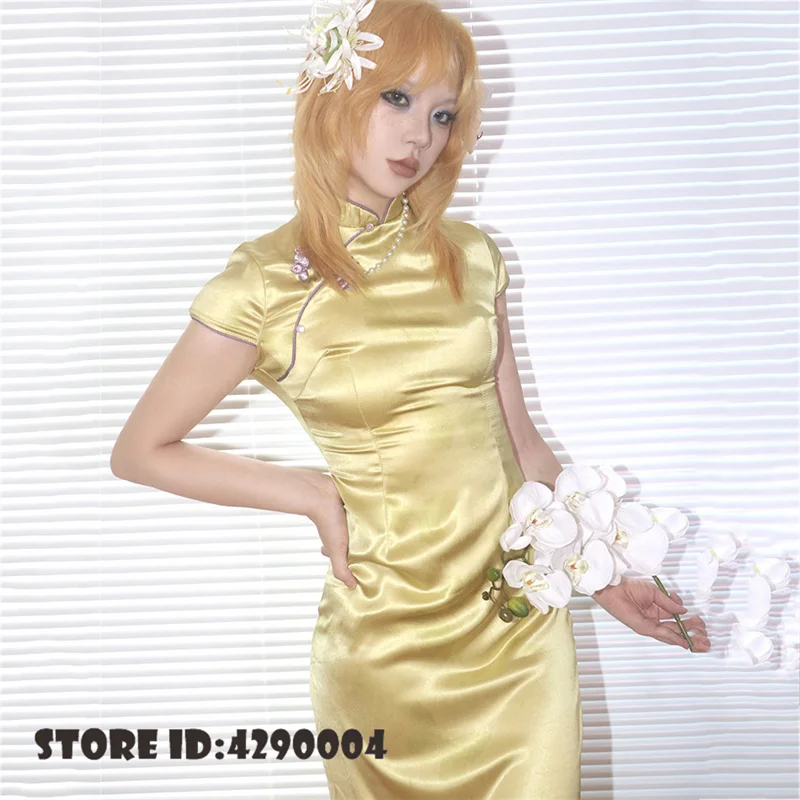 Vintage Solid Satin Cheongsam Women Short Sleeve Mandarin Collar Split Dress New Chinese Bodycon Qipao Cocktail Party Outfit