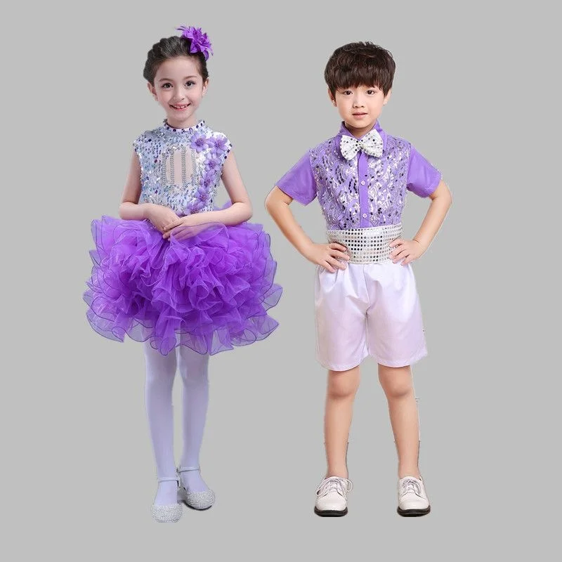 Children\'s performance clothing purple sequin fluffy gauze skirt kindergarten boys girls\' choir cheerleading dance costumes