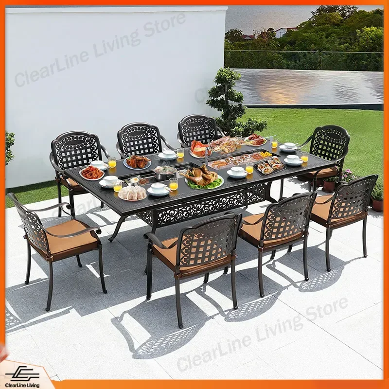 Cast Aluminum Outdoor Table and Chair Set with Smokeless BBQ Grill for Courtyard Garden Patio Leisure Wrought Iron
