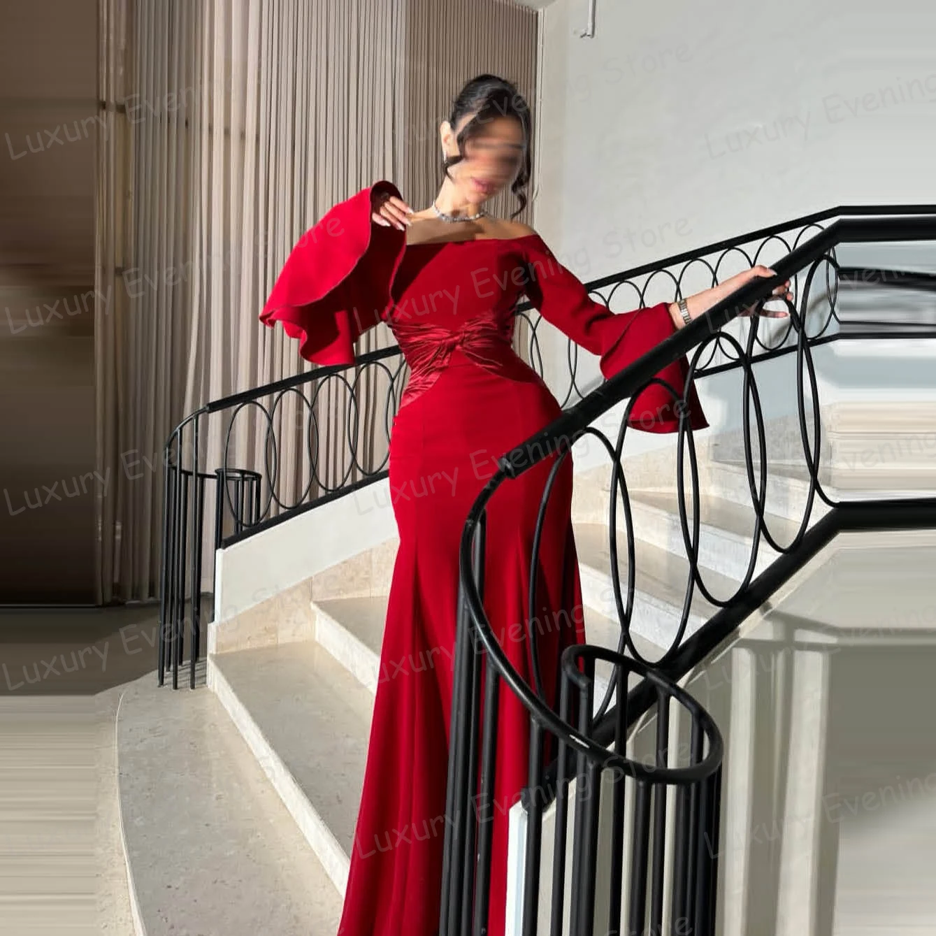 فساتين سهرة حمراء بسيطة للنساء حورية البحر مثيرة بأكمام طويلة وكشكشة فساتين حفلات بدون أكتاف موضة فيستدوس دي نوفيا مخصصة