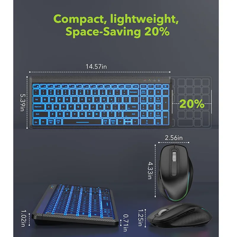 لوحة مفاتيح لاسلكية صامتة بإضاءة خلفية RGB وماوس كومبو ، وضع مزدوج ، قابلة لإعادة الشحن ، مجموعة لسطح المكتب ، كمبيوتر محمول