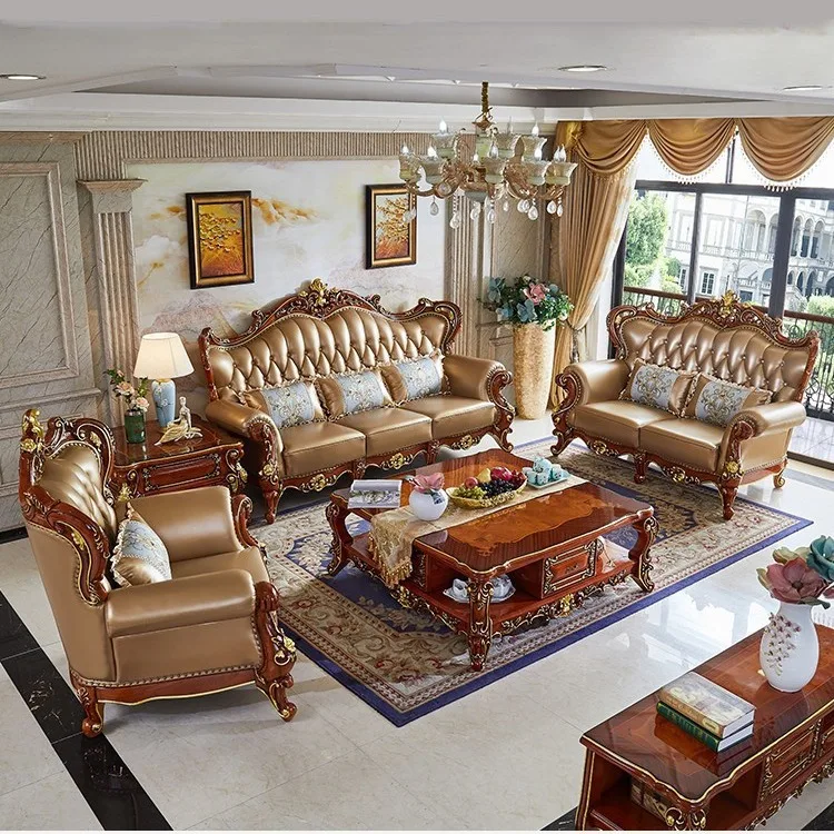 

European leather sofa combination living room size apartment American solid wood carving flower first layer cowhide furniture