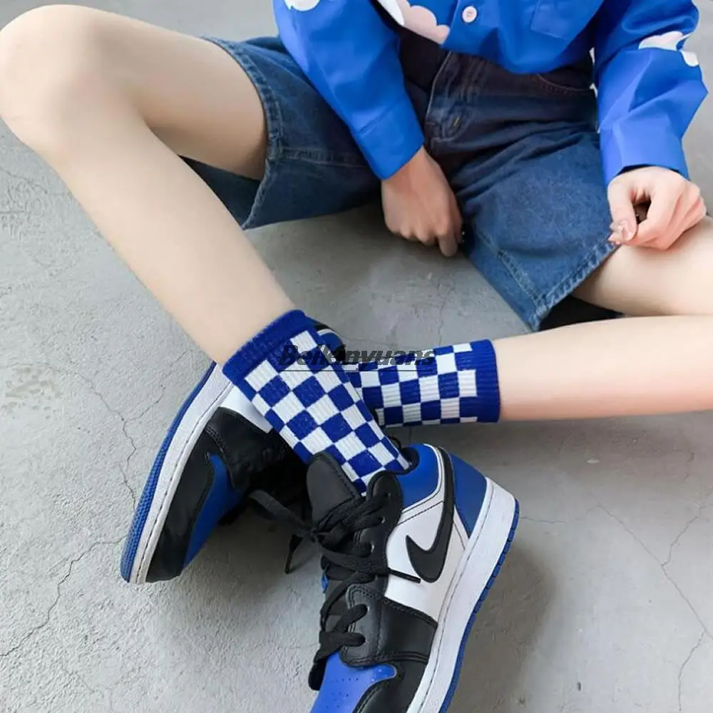 

Blue-green letter big C socks women spring and summer ins tide Japanese checkerboard women boat socks sports men's short socks