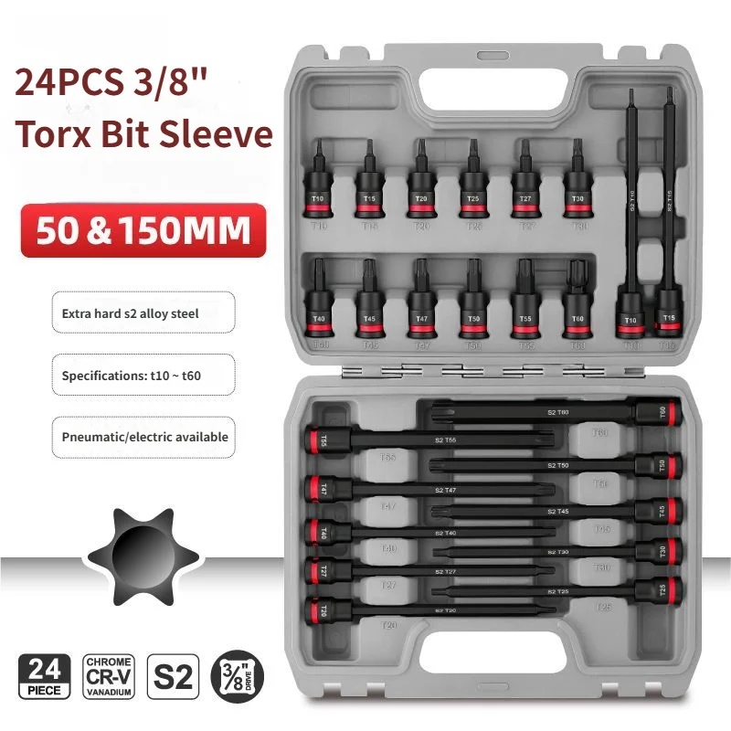 24 Pz 3/8 "Set di bussole a impatto T10-T60 Set di bussole Torx Set CR-V Chiave a bussola 150mm Presa estesa Strumento manuale Anello colorato