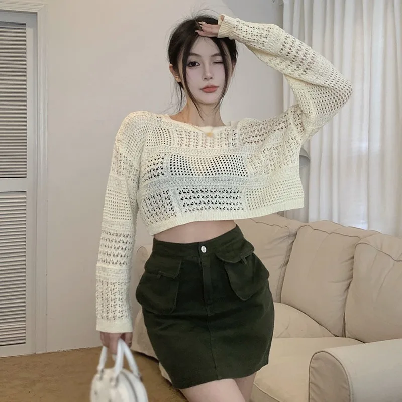 Korean Blouse Long Sleeve Crew Neck Casual Knit Breathable Mesh Fabric Autumn T-Shirts