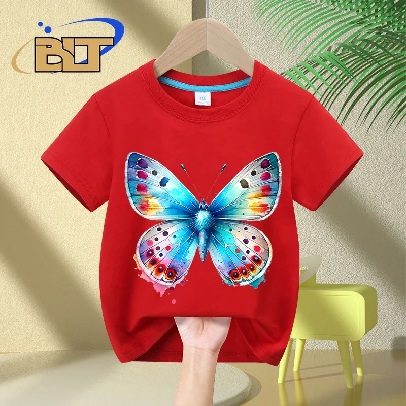 Watercolor Colorful Butterfly print kids T-shirt summer children's cotton short-sleeved casual tops for boys and girls