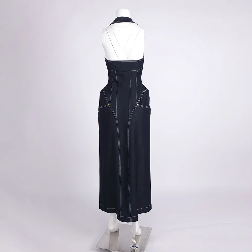 LEOSOXS ผ้ายีนส์คอเชือกแขวนคอแม็กซี่เดรสเปิดหลังซิปด้านหน้าผ่าเข้ารูปพอดีชุดราตรีชุดราตรีสไตล์ค็อกเทลชุดอย่างเป็นทางการ