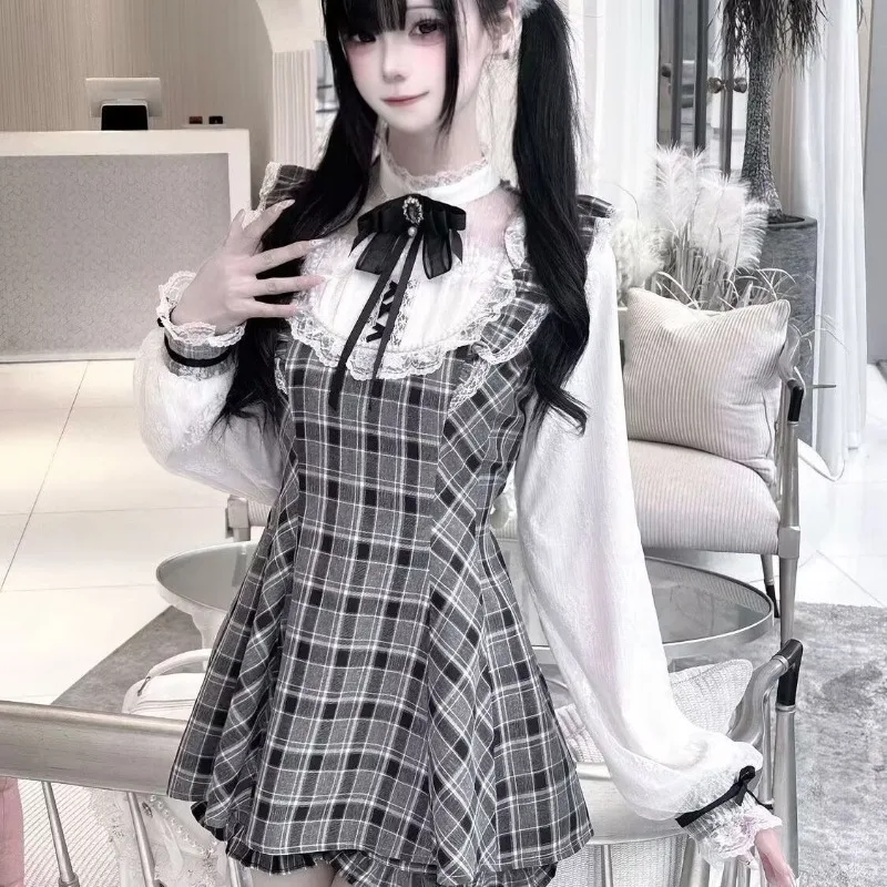 

Японское платье Лолиты Оригинальные платья с длинными рукавами и шортами Комплекты с кружевом и жемчужным бантом Kawaii Sweet Cute Girls Y2k Комплекты из 2 предметов Осень