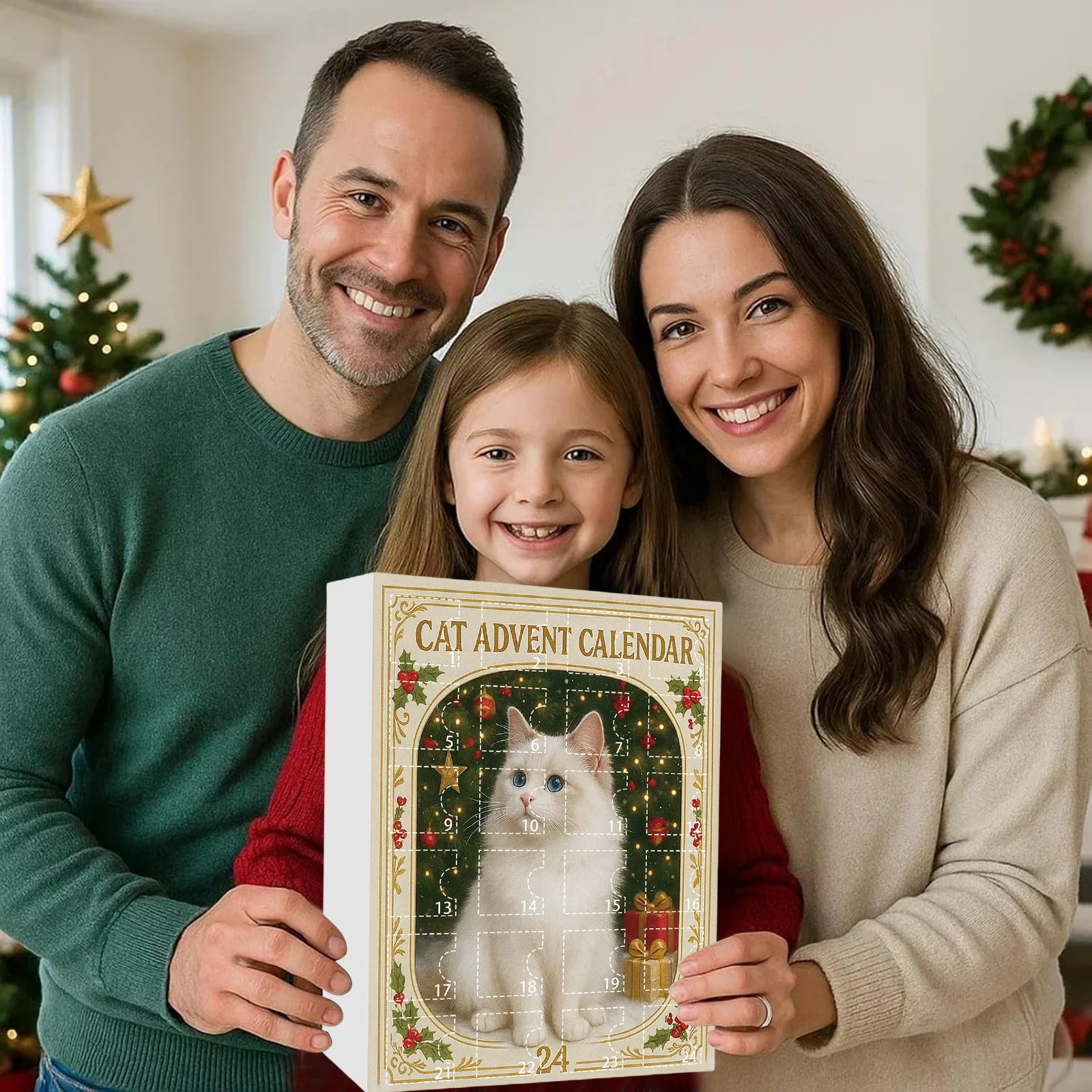

Адвент-календарь с изображением кота на 2025 год и 24 орнаментами. Рождественский календарь обратного отсчета. 24-дневный рождественский календарь обратного отсчета для рождественских подарков.
