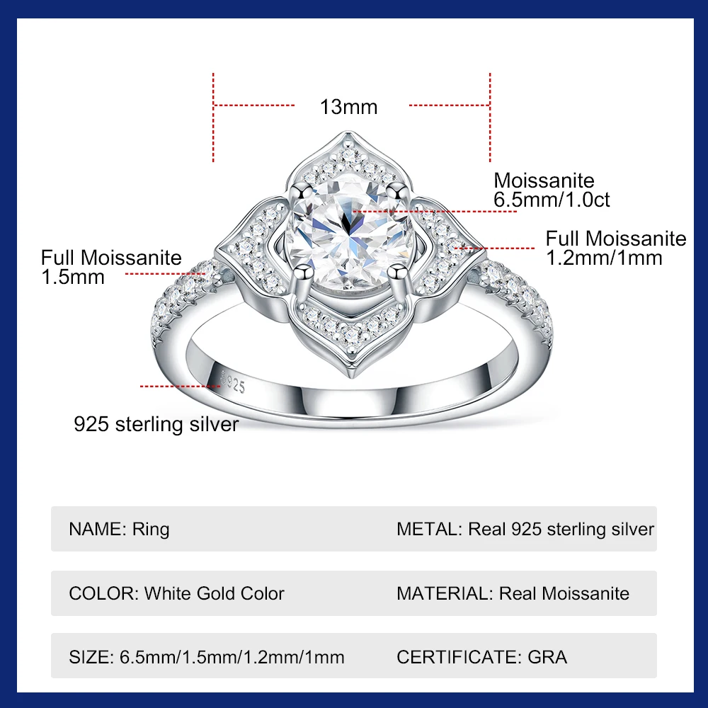 Brilliant 1CT All Moissanite Ring S925 Sterling Silver Four-leaf Clover Rings D Color Diamond Engagement Wedding Band for Women