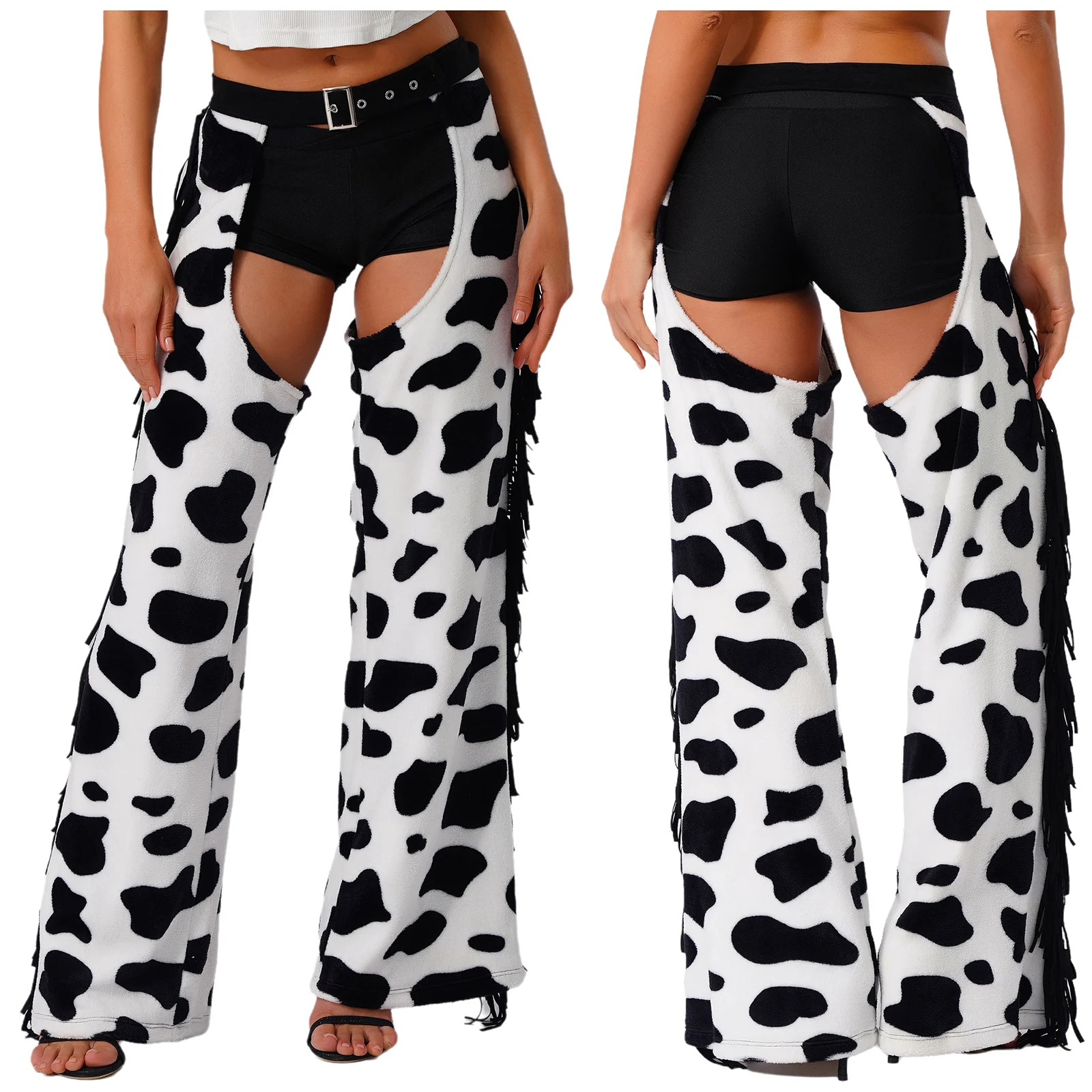 Pantalones de franela Chaps de vaquero con entrepierna abierta para mujer, disfraz de vaquera para fiesta de Halloween, pantalones con borlas laterales y manchas de vaca