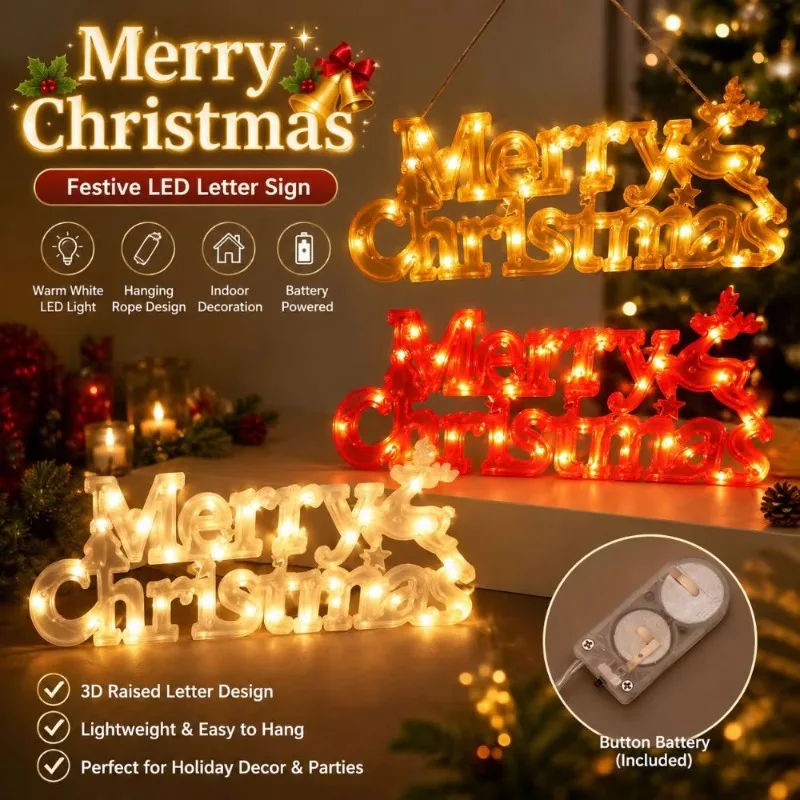 1-2PCS 3D Merry Christmas Letter Light Christmas Wreath Decoration Light Up Holiday Home Door Wall Party Decor