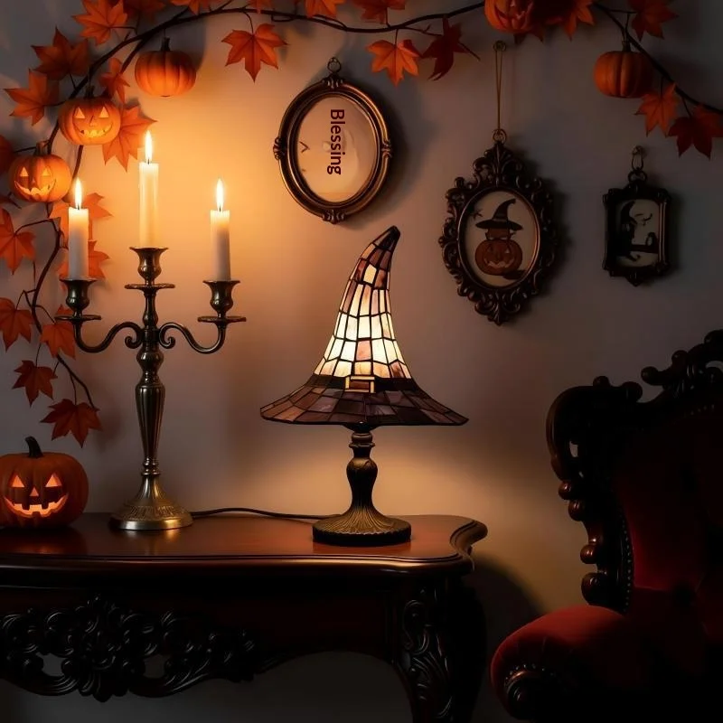 Halloween Witch Hat Resin Table Lamp Gothic Ambient Night Light Desktop Ornament For Bedroom Living Room Home Tabletop Party Use