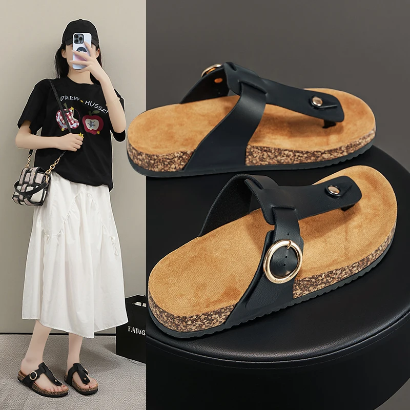 

Женские летние повседневные шлепанцы с большой пряжкой, замшевым верхом, мягкой подошвой под дерево, удобные, на плоском каблуке, без застежек, для пляжа