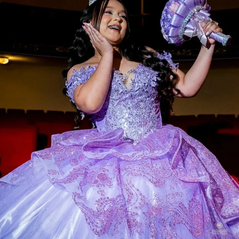 

Shiny Purple Quinceanera Dress off-shoulder Glitter Decal layering Long tail Vestidos De 15 Quinceanera ﻿Customize