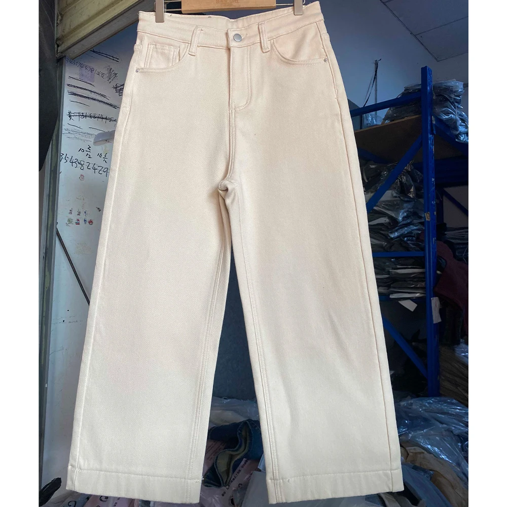 

Абрикосовые широкие прямые джинсовые брюки, зимние трендовые свободные джинсы на флисовой подкладке, студенческие универсальные укороченные брюки