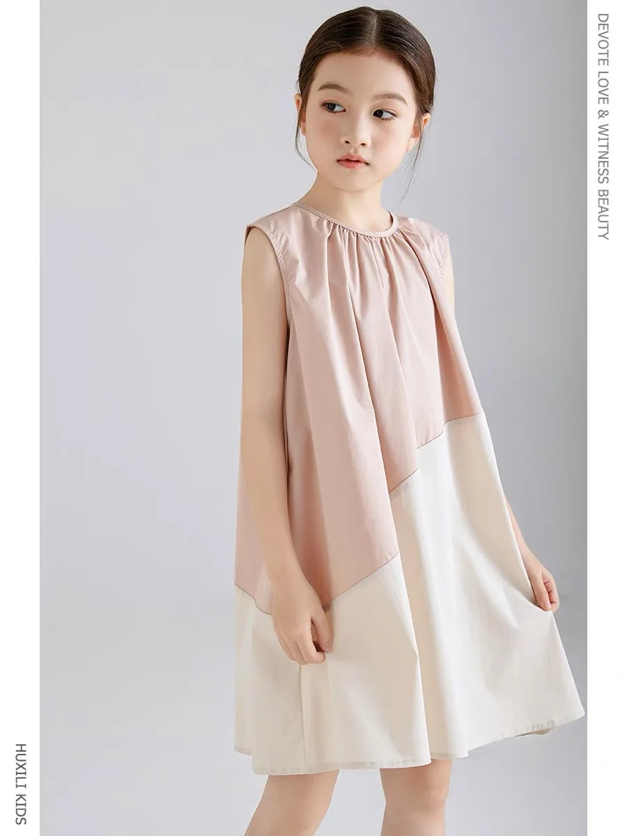 Korean Summer Children Girl Sleeveless Dress School Girl Minimalist Vest Dress Junior Girl Contrasting Color Patchwork Dress