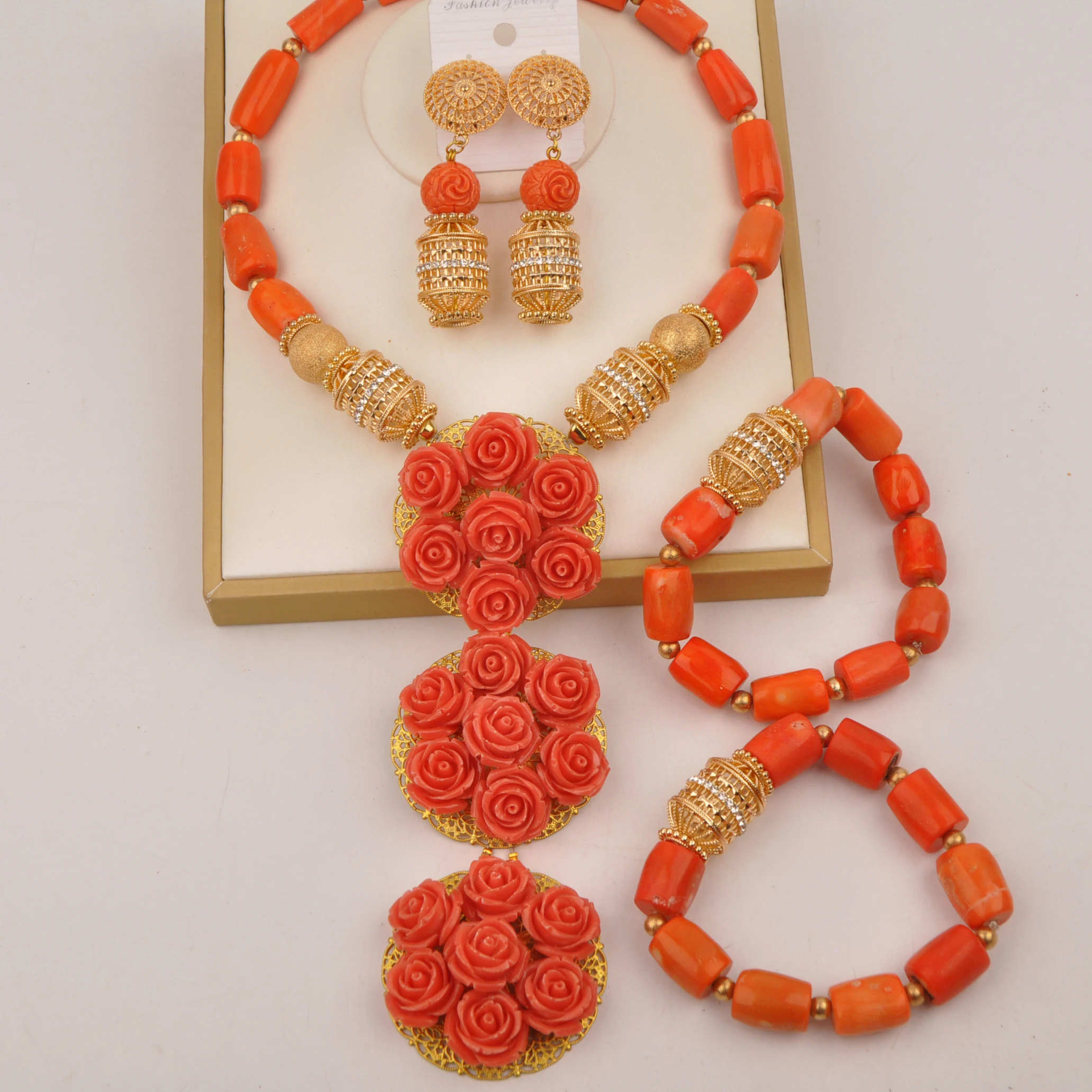 Beautiful Orange Orignal Coral Necklace Flower Pendant African Beads Jewelry Set